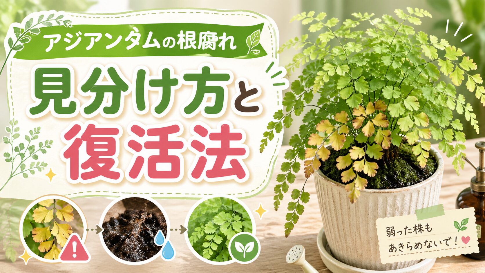 アジアンタムの根腐れの見分け方と復活法を紹介するアイキャッチ画像。黄色く傷んだ葉、黒い根、元気な新芽を比較したデザイン。
