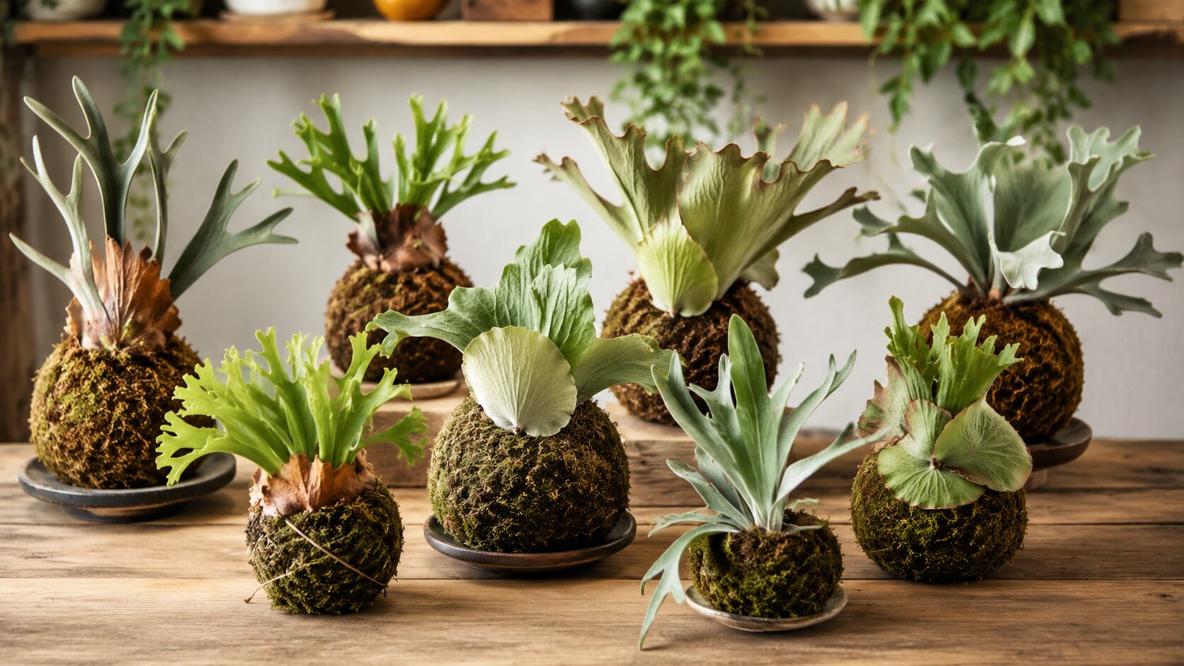 木製テーブルに並ぶ複数のビカクシダ苔玉。葉姿の違う品種を比較し、苔玉向きの種類を選ぶ様子