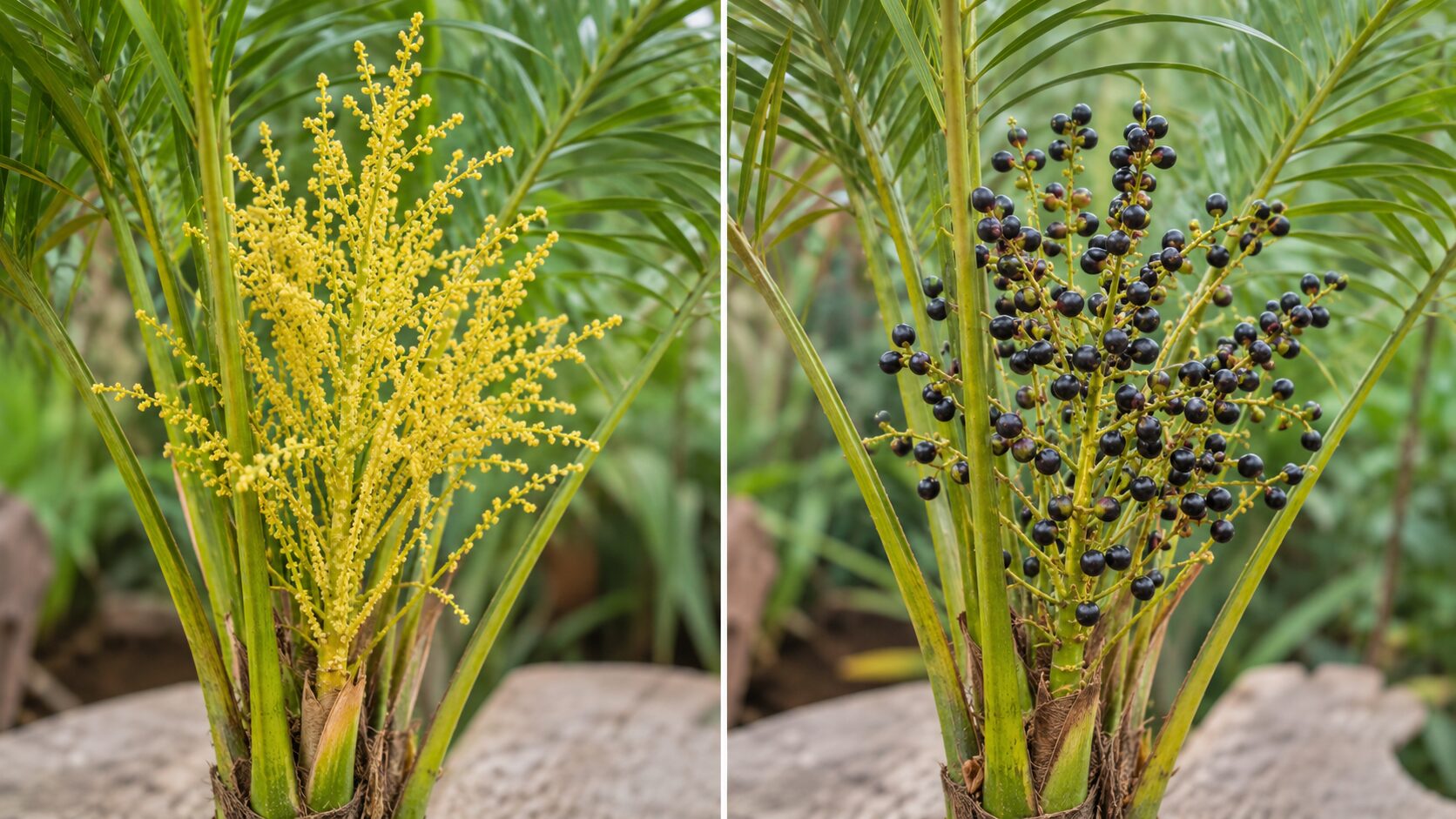 テーブルヤシの黄色い花序と黒紫色の実を左右で比較し、花と実の違いを分かりやすく示した画像