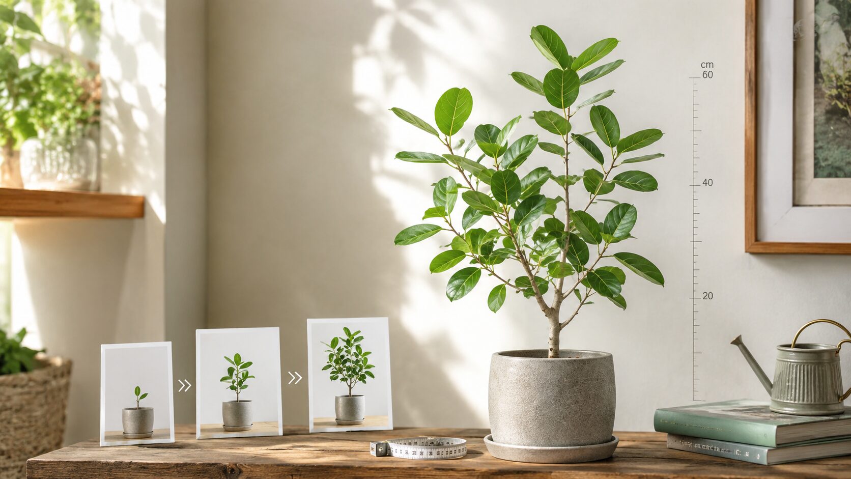 ベンガレンシスの成長速度を測定イメージで示す、室内の鉢植えと成長記録の写真