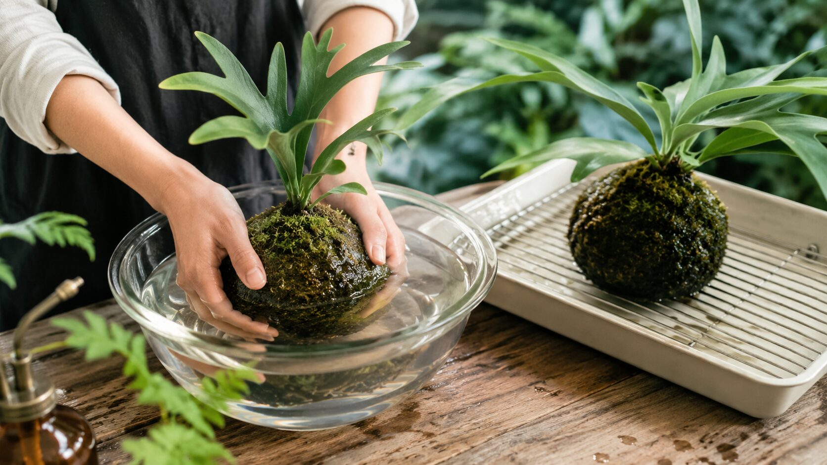 ボウルの水にビカクシダの苔玉を浸して吸水させる手元。水やり頻度と正しい吸水方法をイメージできる実写写真