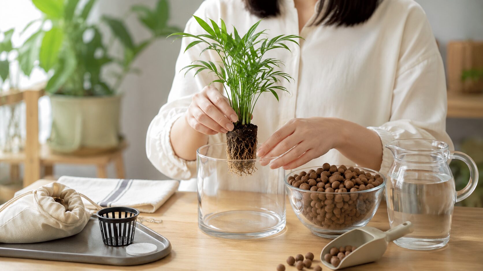テーブルヤシを水耕栽培に植え替える準備として、ガラス容器やハイドロボール、水差しを並べて作業している室内の様子