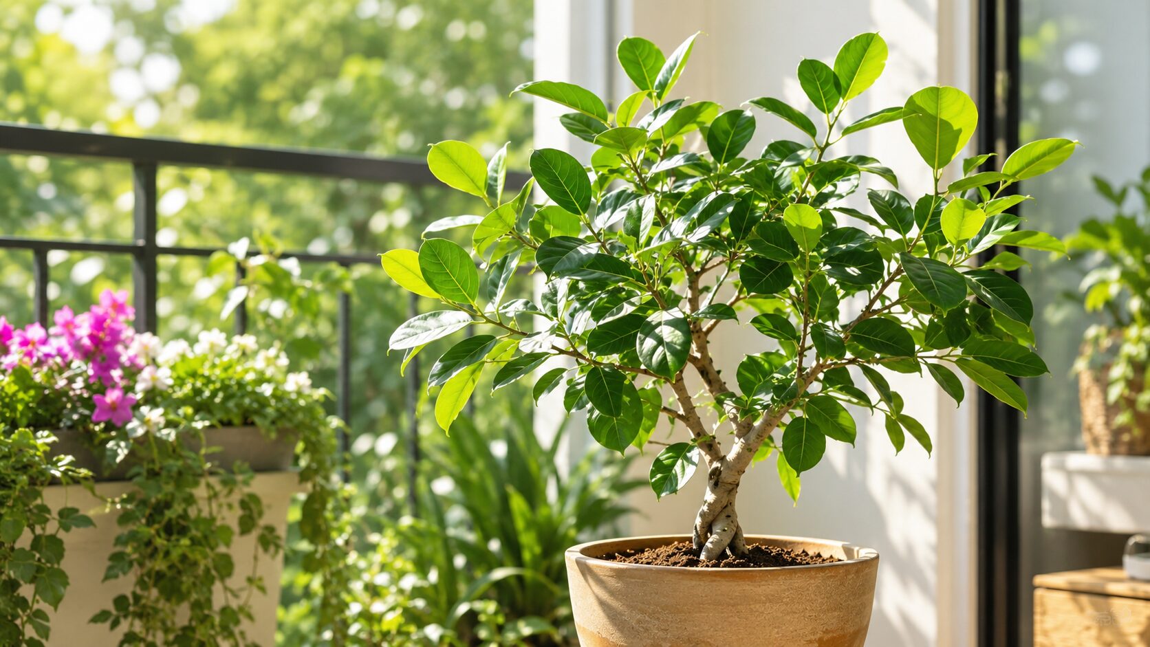 春夏の明るい光を受けて元気に育つフィカス・ベンガレンシスの鉢植え