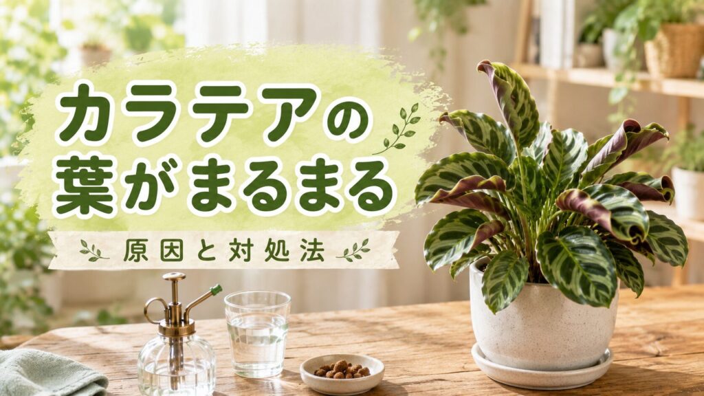 室内の明るい窓辺に置かれたカラテアと、お手入れ用の霧吹きや水、肥料を背景に、カラテアの葉がまるまる原因と対処法をわかりやすく伝えるアイキャッチ画像