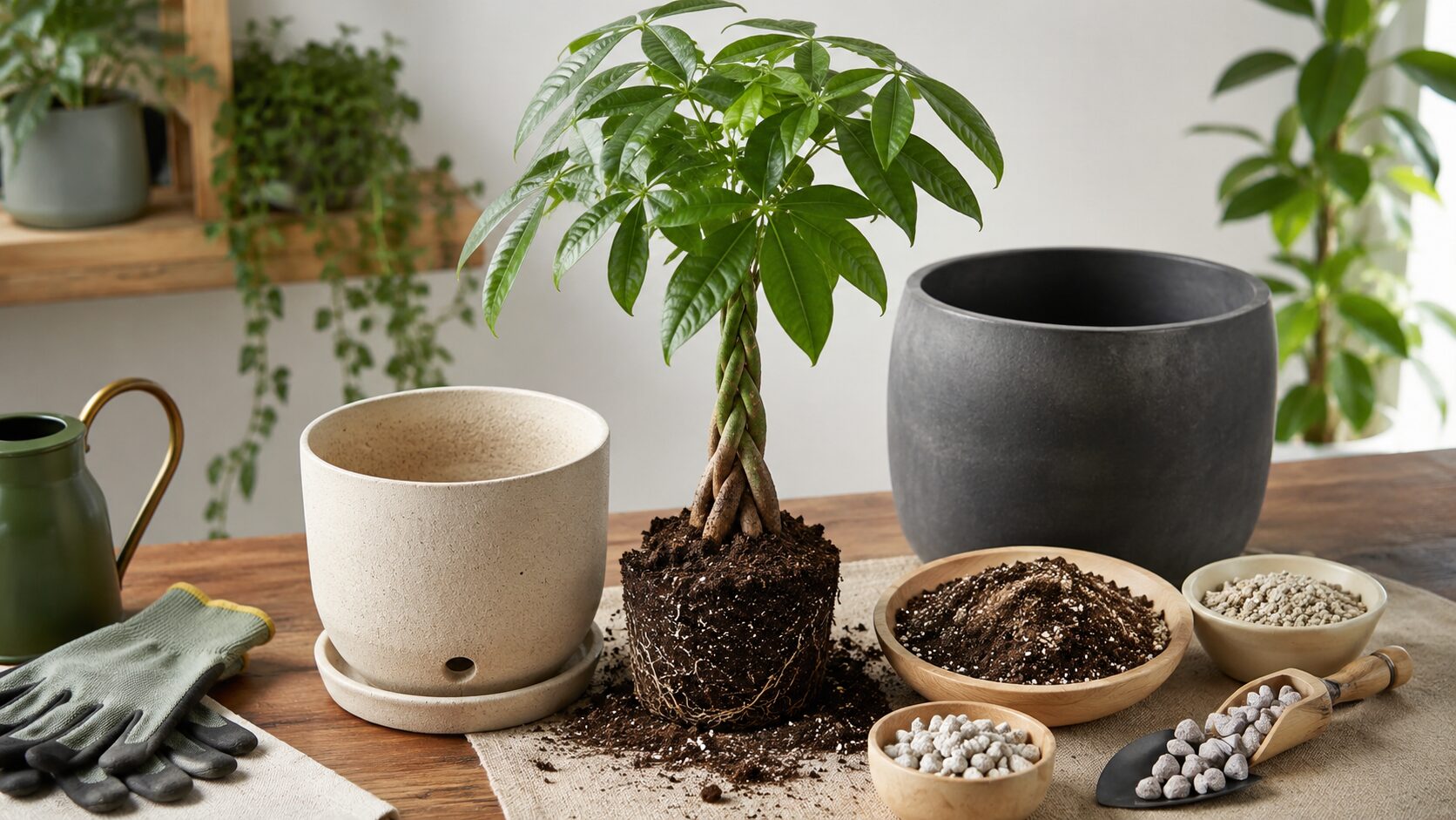 植え替え後のパキラと用土・鉢・道具を並べた、根腐れ復活手順と再発予防を示す室内ガーデニング風景