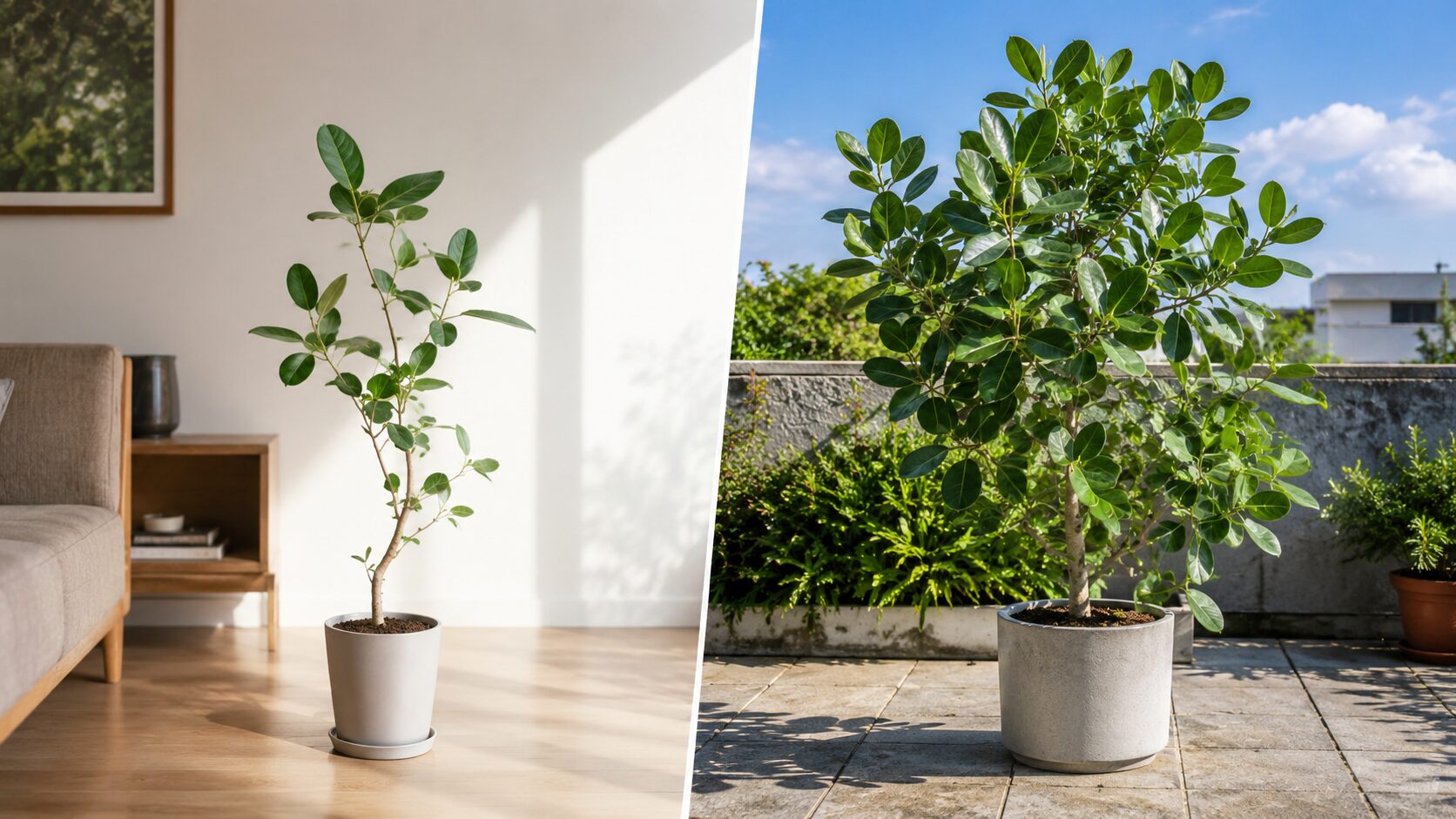 室内と屋外で育てたベンガレンシスの成長差を比較する鉢植え写真