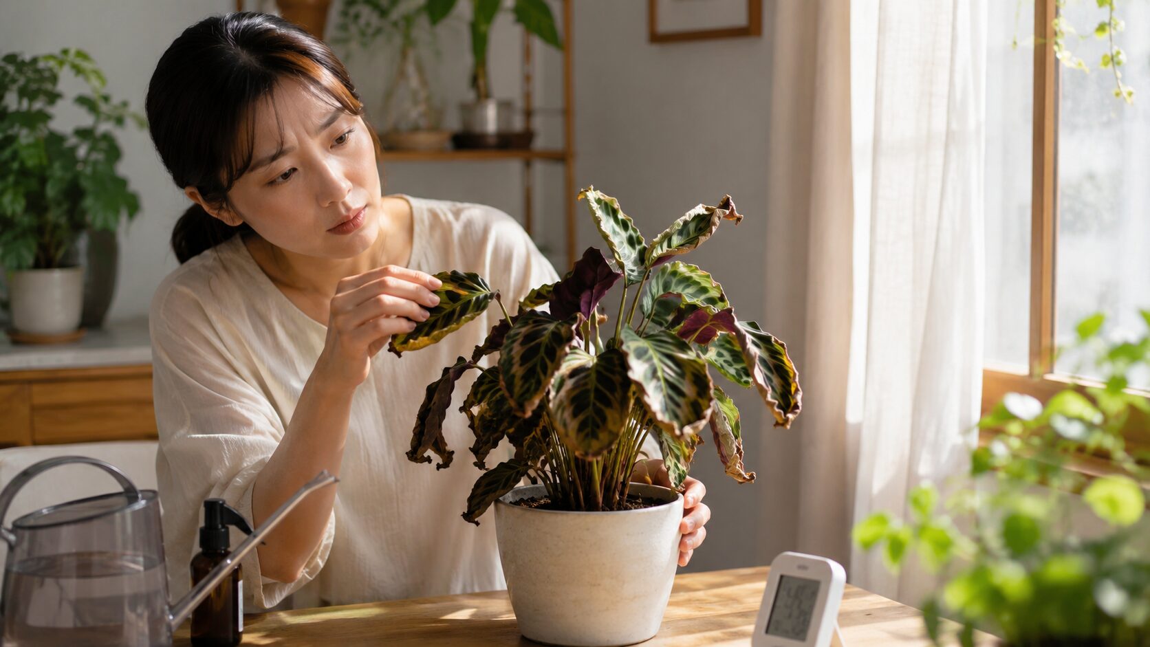 葉が丸まり弱ったカラテアを日本人女性が室内で観察している様子