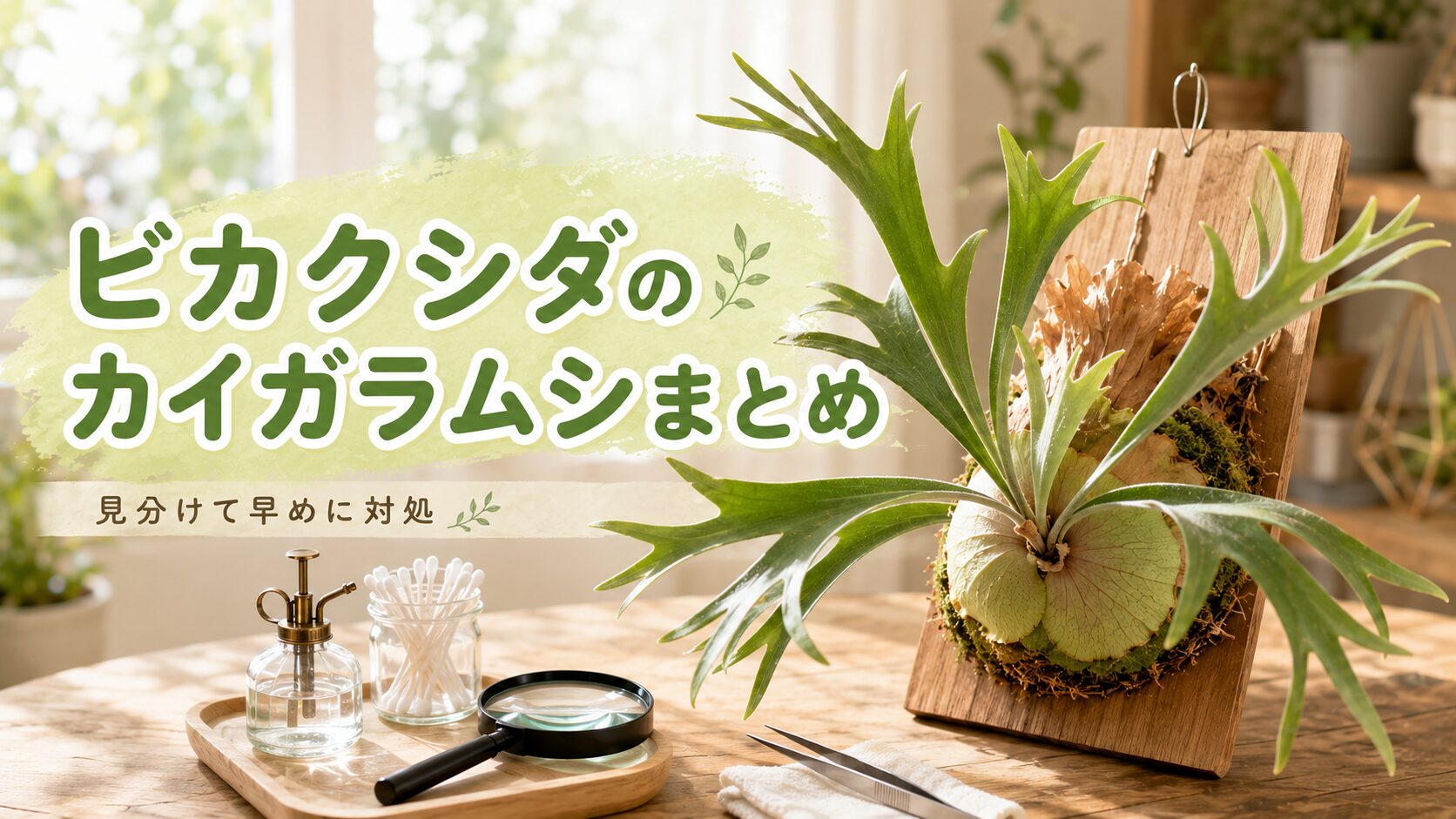 ビカクシダのカイガラムシ対策をまとめた、板付け株と綿棒・ルーペなどの管理道具の画像
