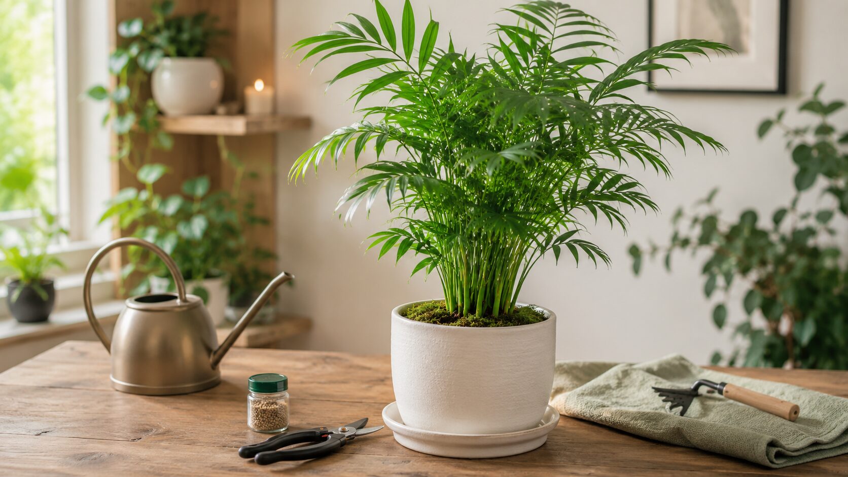室内でテーブルヤシを健康に育てるための管理イメージとして、鉢植えのテーブルヤシと水やり道具、肥料、剪定ばさみを並べた画像