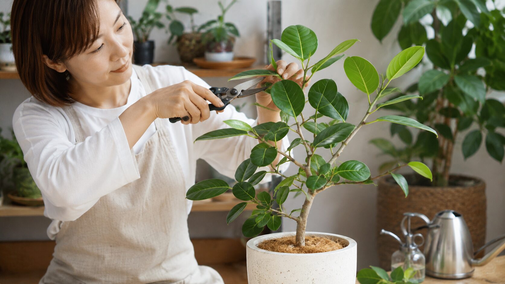 日本人女性がベンガレンシスを剪定して樹形を整えている、室内での管理方法が伝わる写真