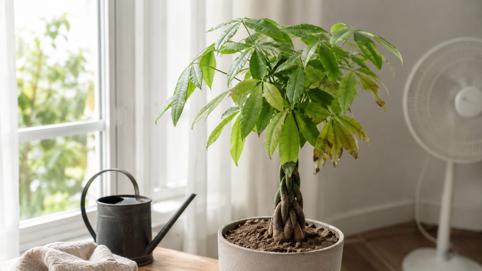 パキラの植え替えに使う排水性のよい用土・軽石・適切な鉢を並べた室内の作業風景