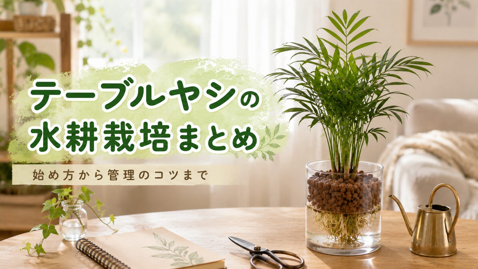 明るい室内でハイドロボールと水を使い、透明容器で育てるテーブルヤシの水耕栽培まとめ画像