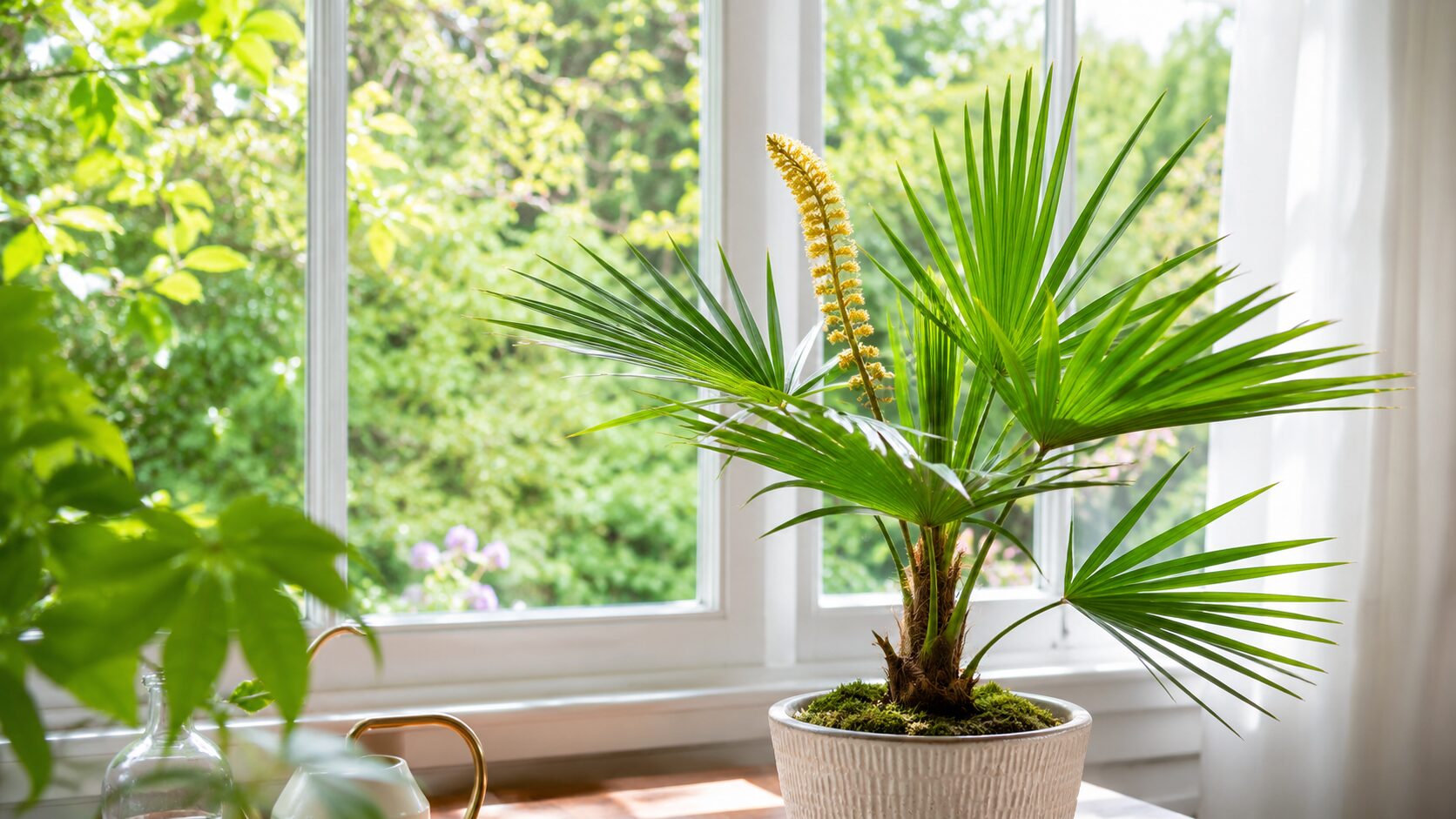 春から初夏の明るい窓辺で、鉢植えのテーブルヤシに黄色い花序が伸びる開花時期を表した画像