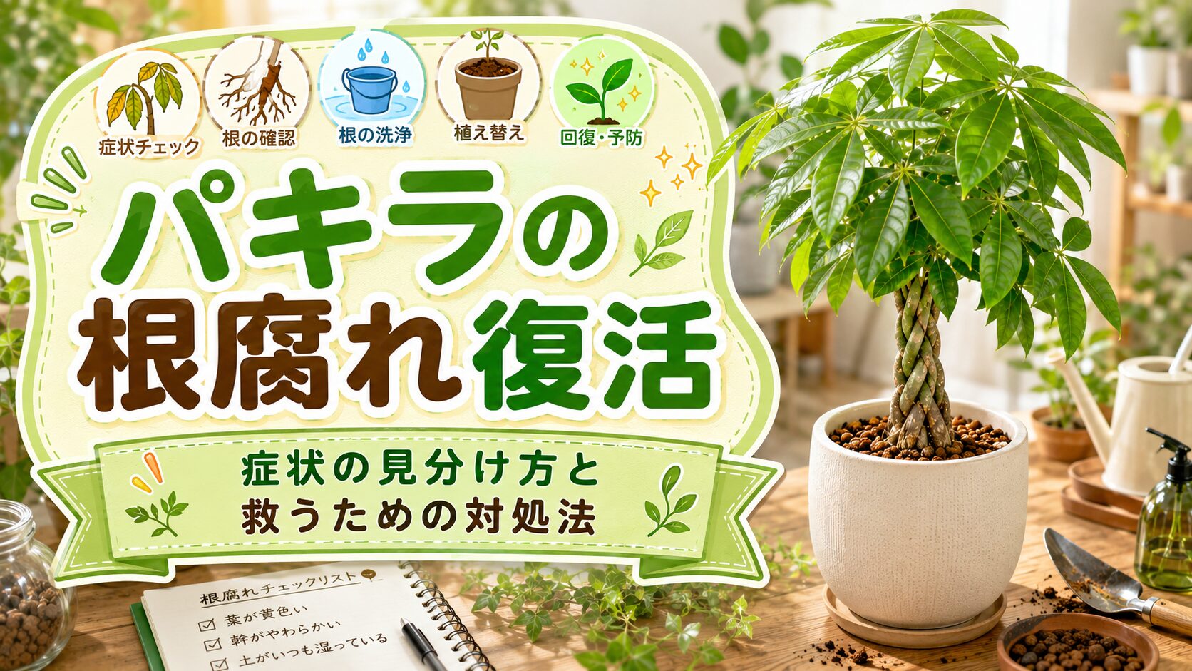 パキラの根腐れ復活について、症状の見分け方と救うための対処法を紹介するアイキャッチ画像。健康なパキラと根の確認・洗浄・植え替え・回復予防のイメージを掲載