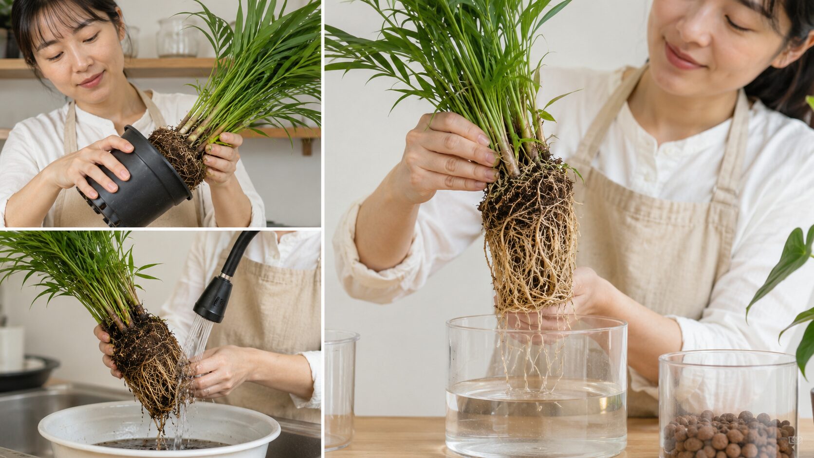 土植えのテーブルヤシを鉢から抜き、根についた土を水で洗い流して水耕栽培へ移す準備をしている手順