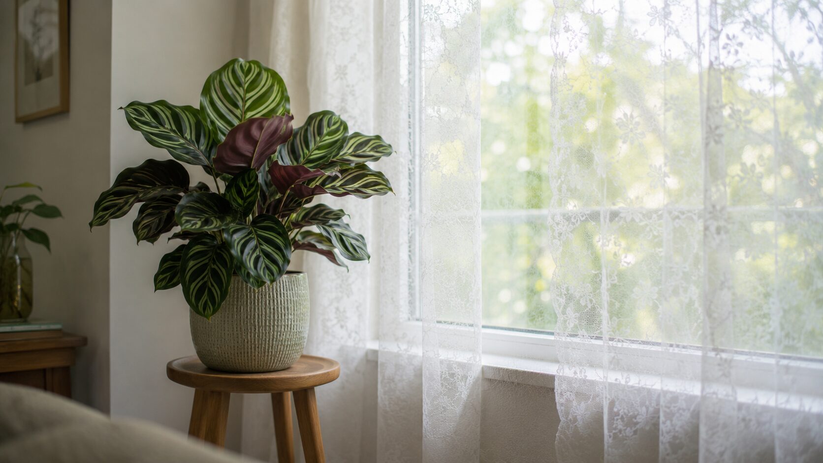 レースカーテン越しの明るい日陰に置かれたカラテアの鉢植え
