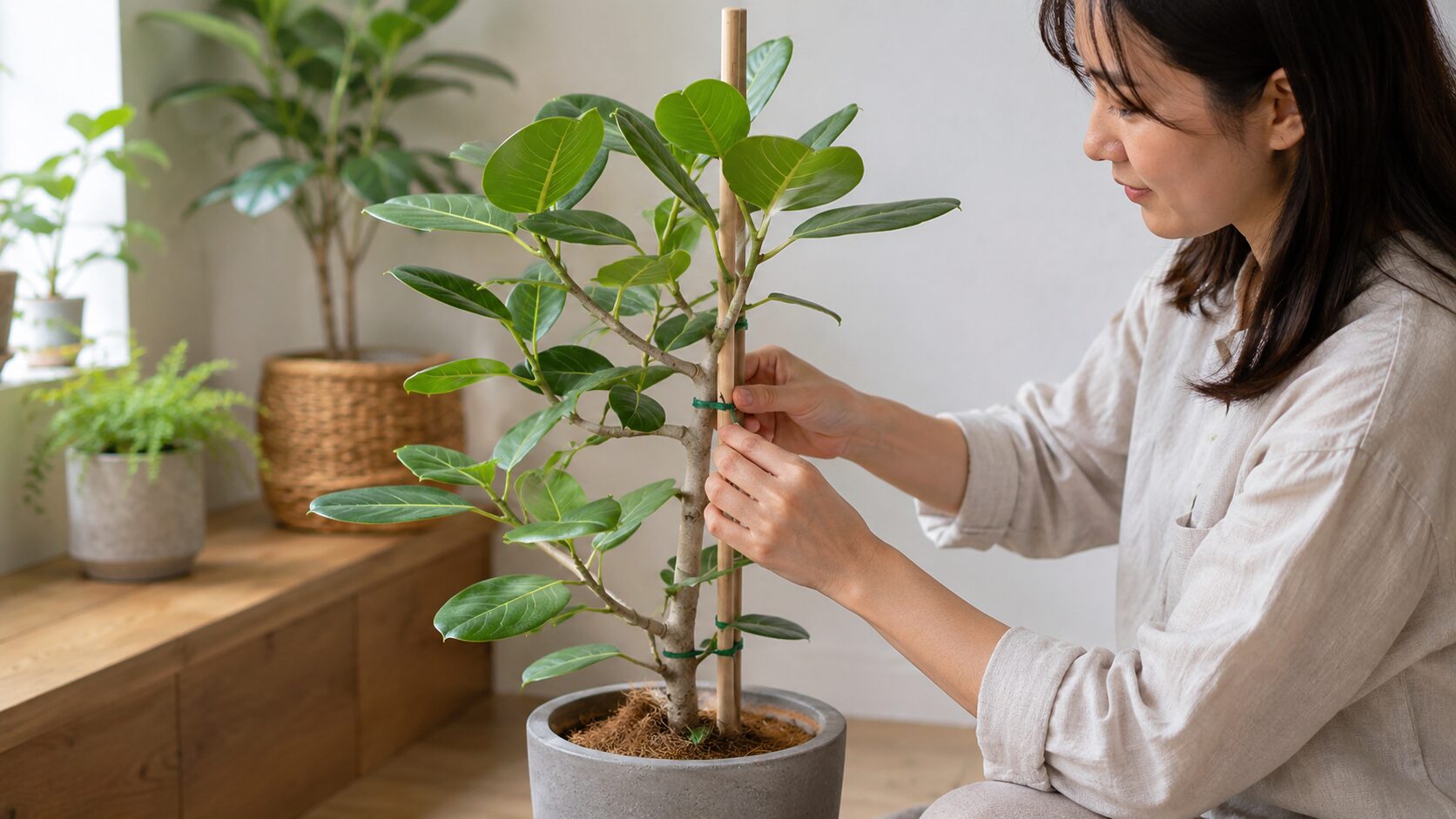 日本人女性がフィカス・ベンガレンシスを支柱と園芸タイでやさしく固定している様子