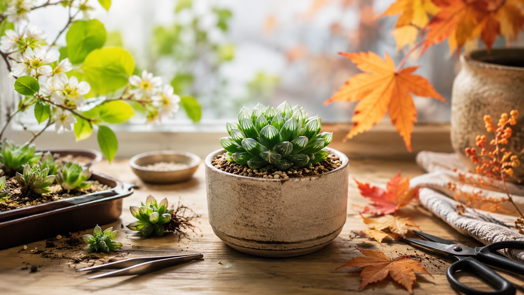 春の花と秋の紅葉に囲まれたハオルチアの鉢植え写真。ハオルチアの増やし作業に向く春と秋の時期を表現した実写画像。