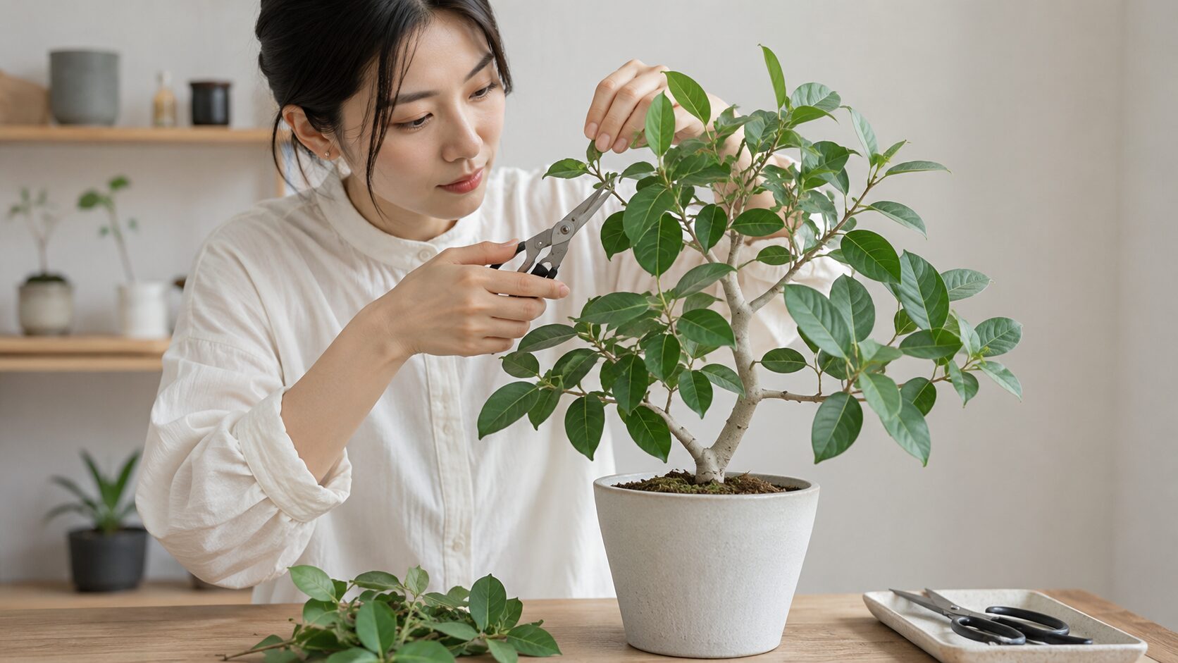 日本人女性がフィカス・ベンガレンシスの枝葉を剪定して曲げ仕立ての準備をする様子