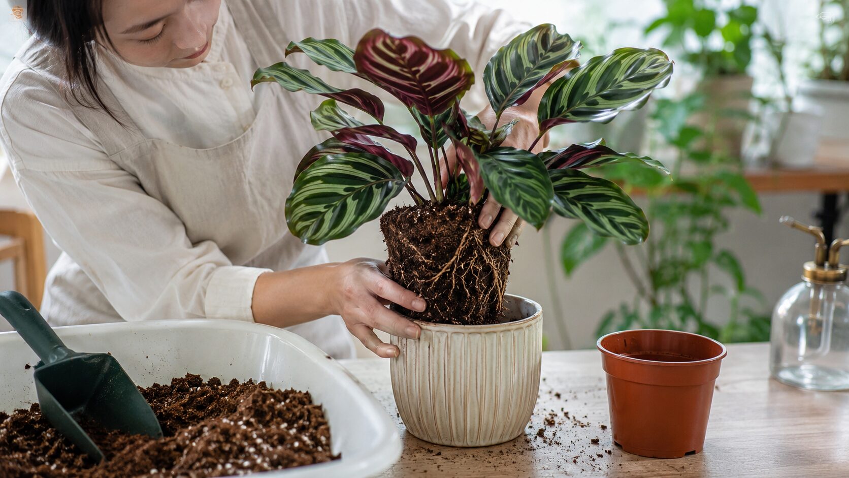 日本人女性がカラテアの根鉢を新しい鉢に植え替えている様子