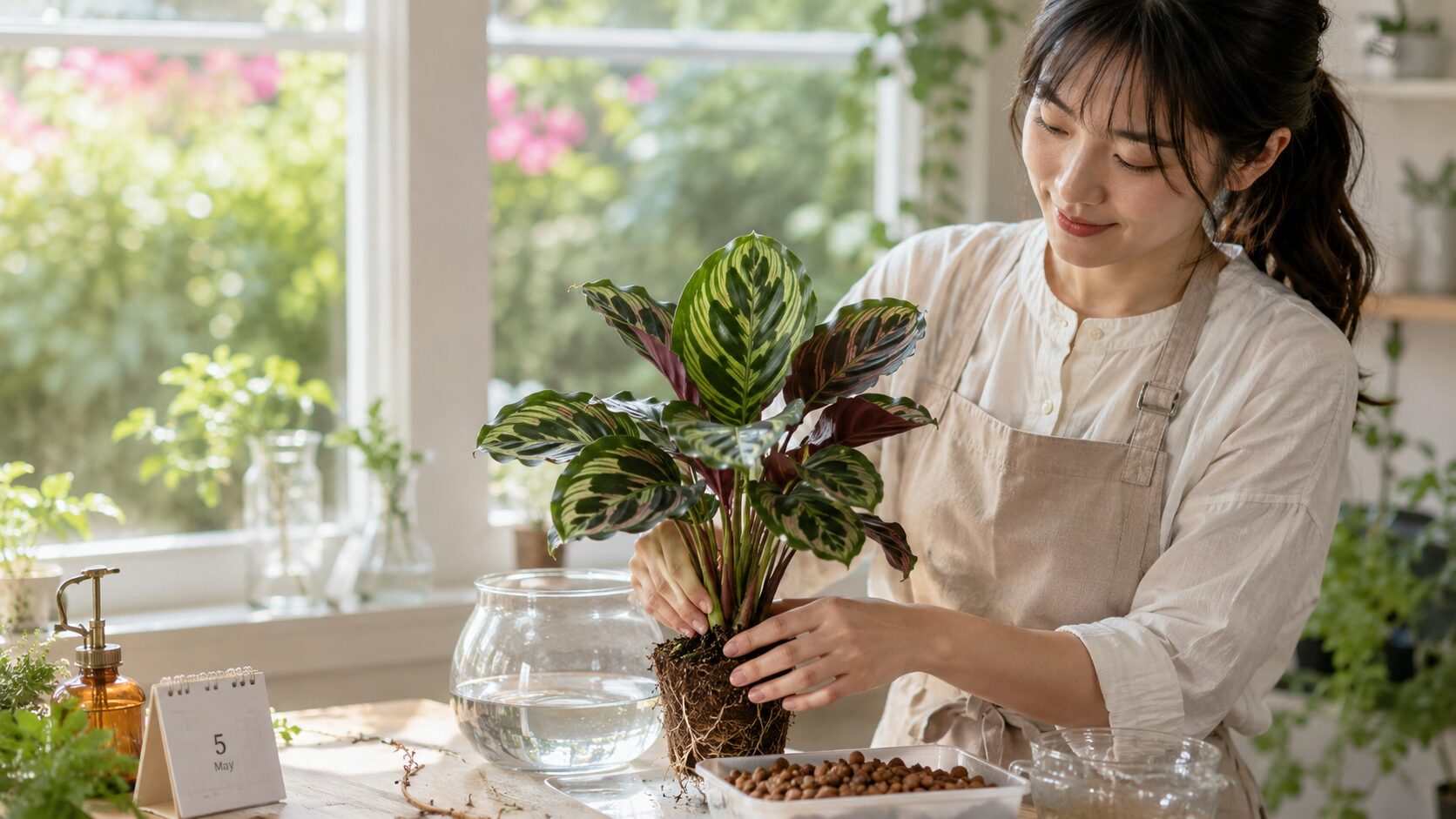春から初夏の明るい窓辺で、日本人女性がカラテアを水耕栽培用に準備している様子。5月のカレンダーがあり、始める時期の目安が伝わる写真。