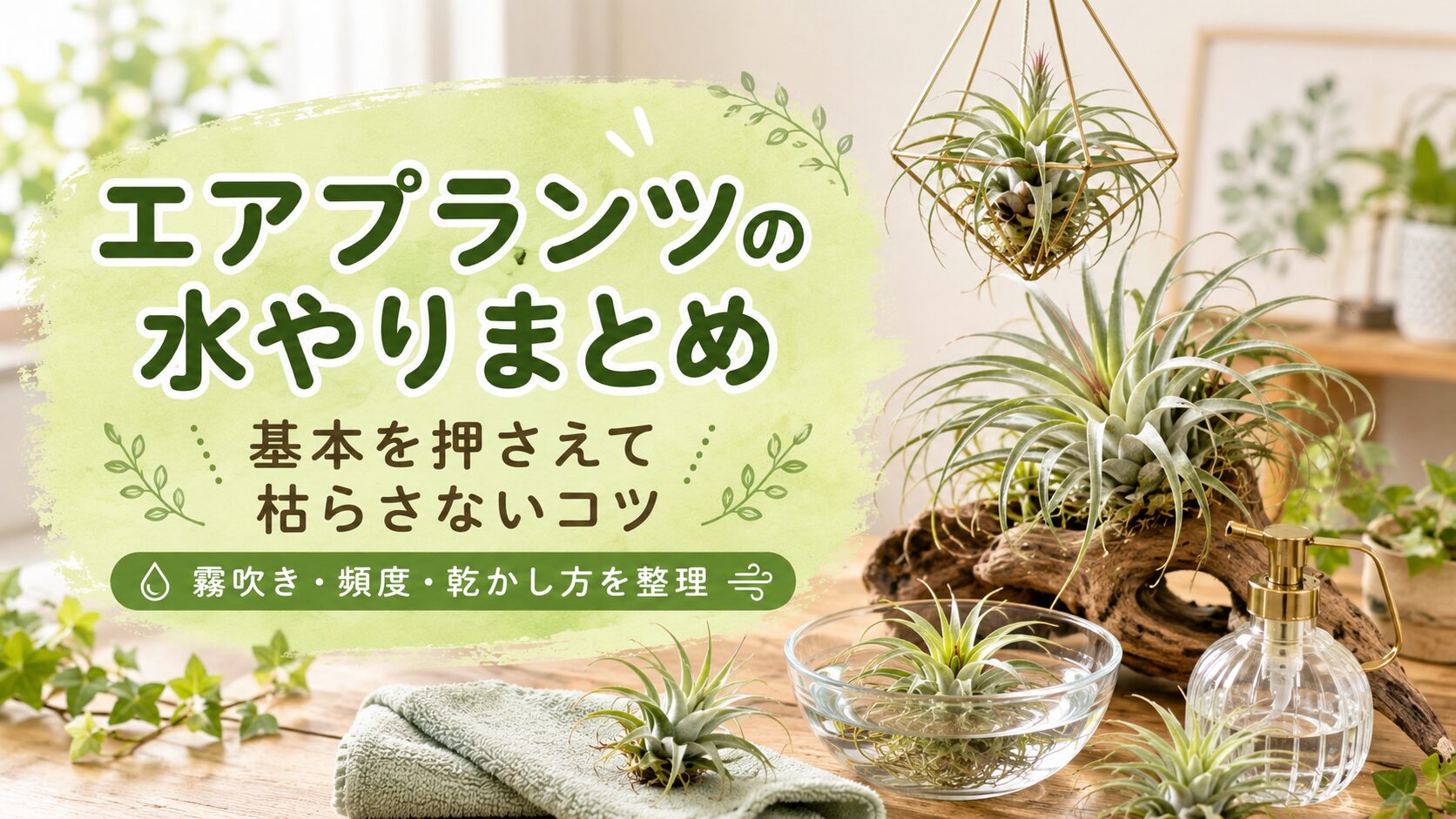 エアプランツの水やりまとめとして、霧吹きやソーキング、水やり頻度、乾かし方の基本を整理したアイキャッチ風画像
