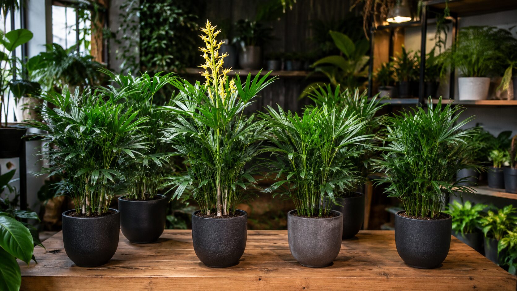 複数の鉢植えテーブルヤシの中で一株だけ黄色い花を咲かせ、開花が珍しいことを表した画像