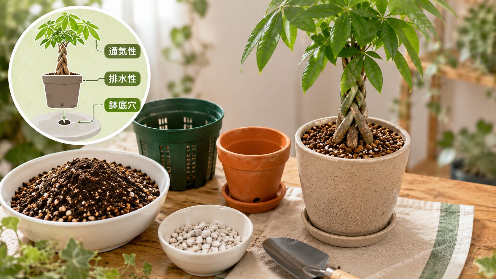 パキラの植え替えに使う排水性のよい用土・軽石・適切な鉢を並べた室内の作業風景