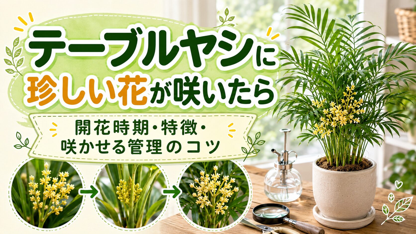 テーブルヤシに珍しい花が咲いた時の特徴や開花時期、咲かせる管理のコツをイメージできる、黄色い花をつけたテーブルヤシのアイキャッチ画像