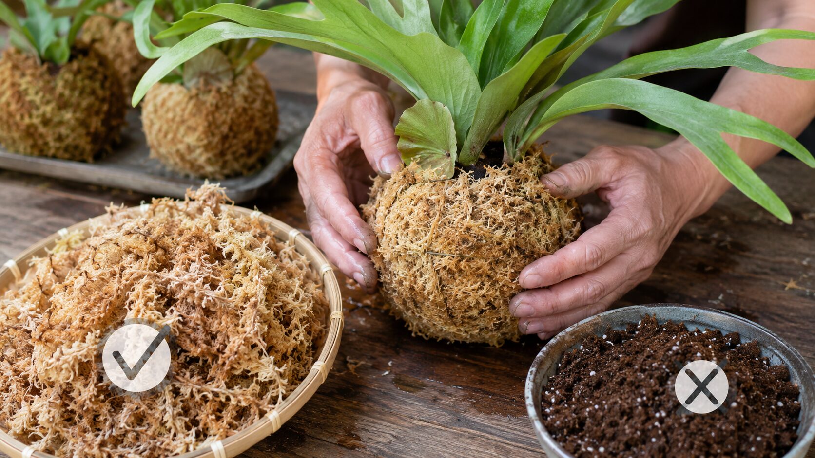 ビカクシダの根元を水苔で包む手元と、土ではなく水苔を使うことを示した苔玉作りの比較イメージ