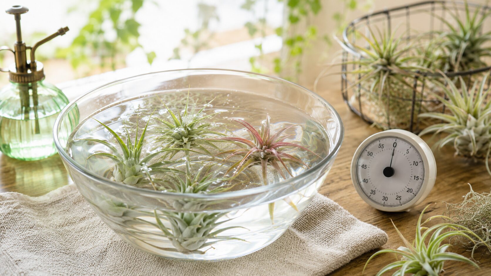 ガラスボウルの水にエアプランツを浸け、タイマーでソーキング時間を管理している画像