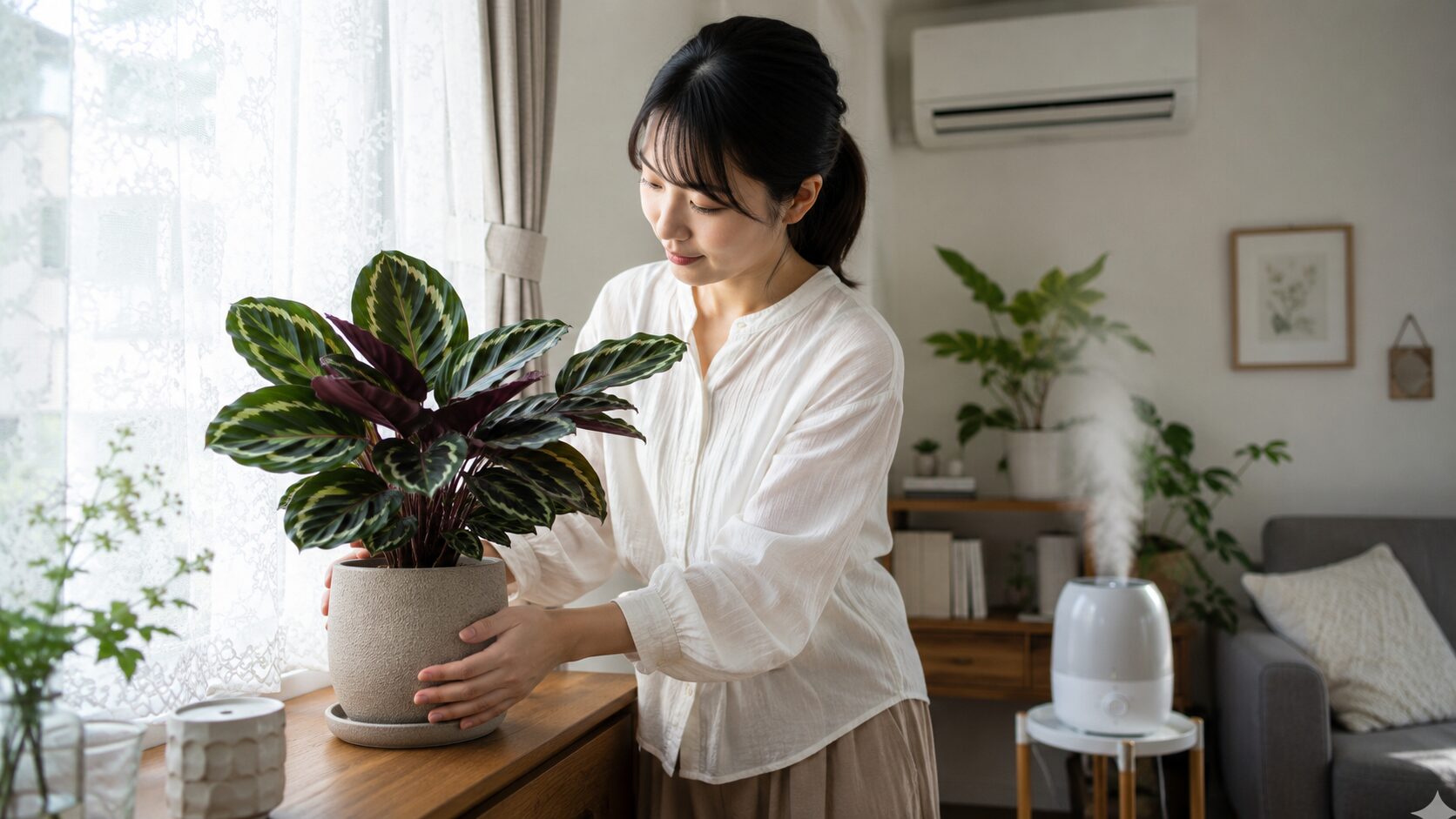 明るい窓辺でカラテアの置き場所を整え、加湿器で湿度管理している室内の画像。湿度と置き場所の見直しをイメージ