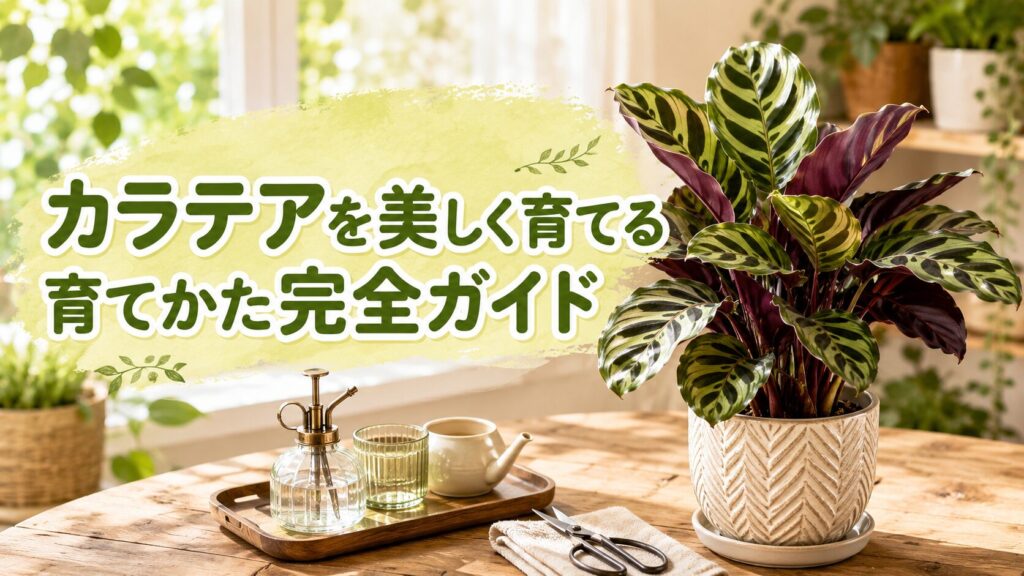 カラテアを美しく育てる育てかた完全ガイドの文字と、室内で育つカラテア、霧吹き、ハサミを配置したアイキャッチ画像
