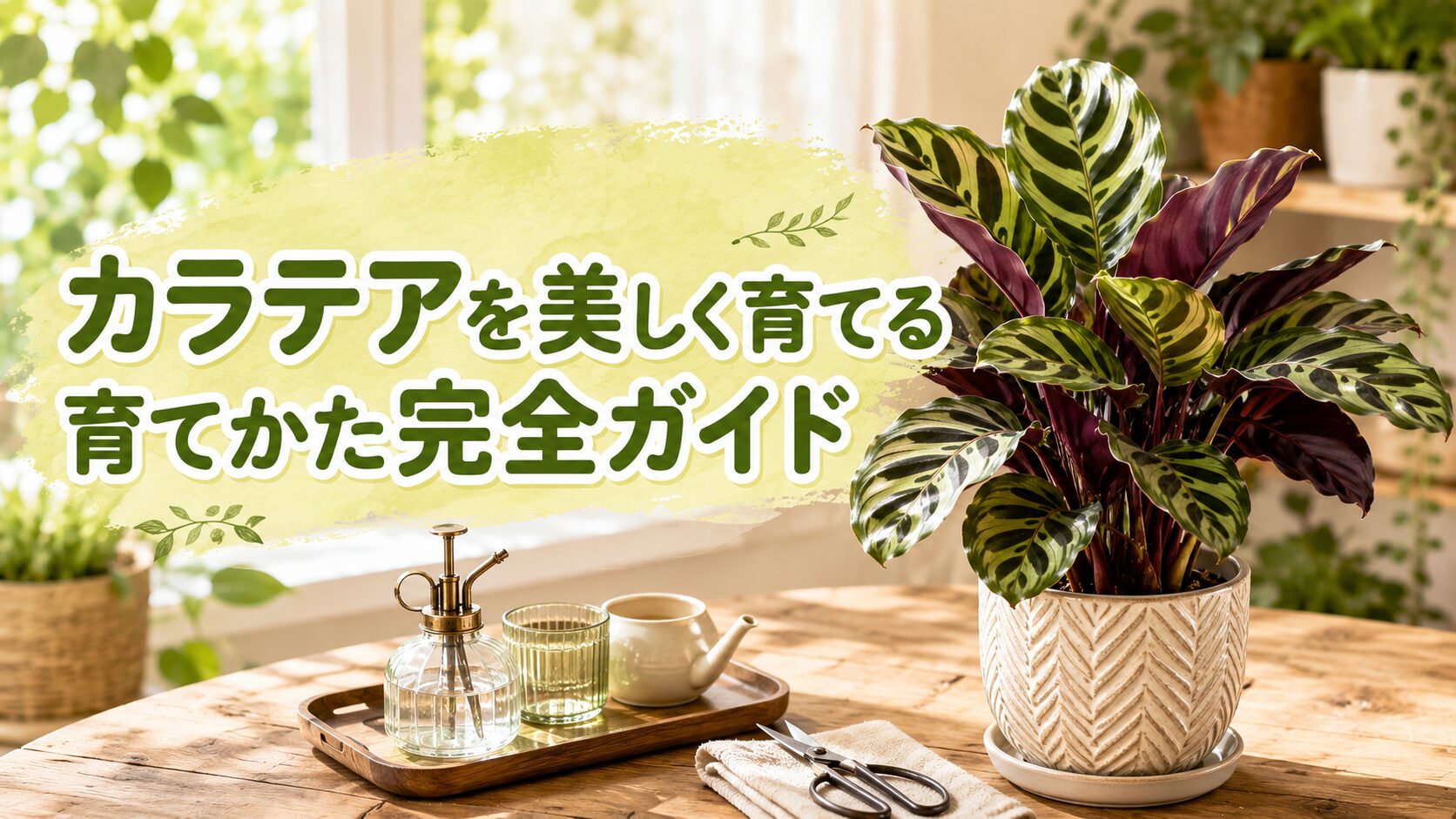 カラテアを美しく育てる育てかた完全ガイドの文字と、室内で育つカラテア、霧吹き、ハサミを配置したアイキャッチ画像