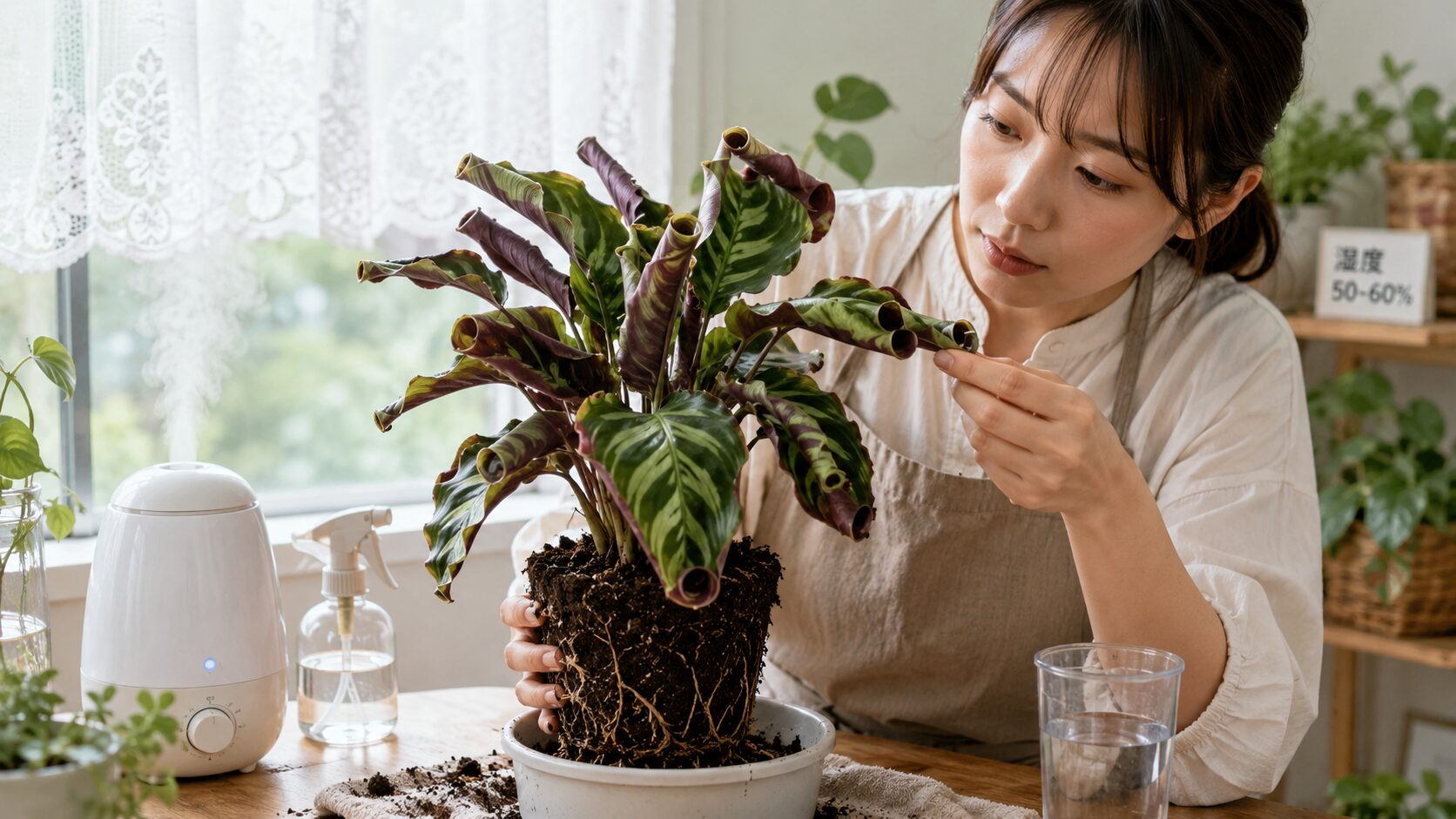 葉が丸まったカラテアを日本人女性が確認している様子。加湿器や霧吹き、水を置いた明るい室内で、カラテアの水耕栽培中に葉が丸まる原因や湿度管理を見直す場面が伝わる写真。