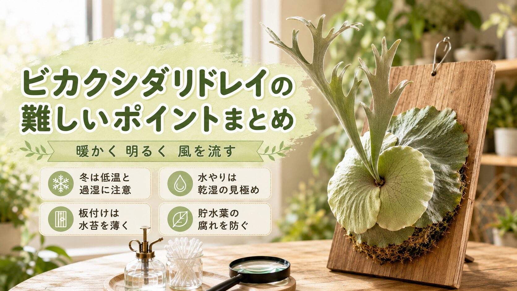 ビカクシダリドレイの難しい管理ポイントを、冬越し・水やり・板付け・貯水葉の腐れ対策とともにまとめた画像