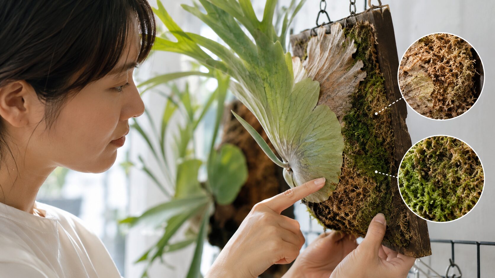 日本人女性が板付けしたビカクシダリドレイの水苔の乾き具合を確認している、水やり判断のイメージ写真