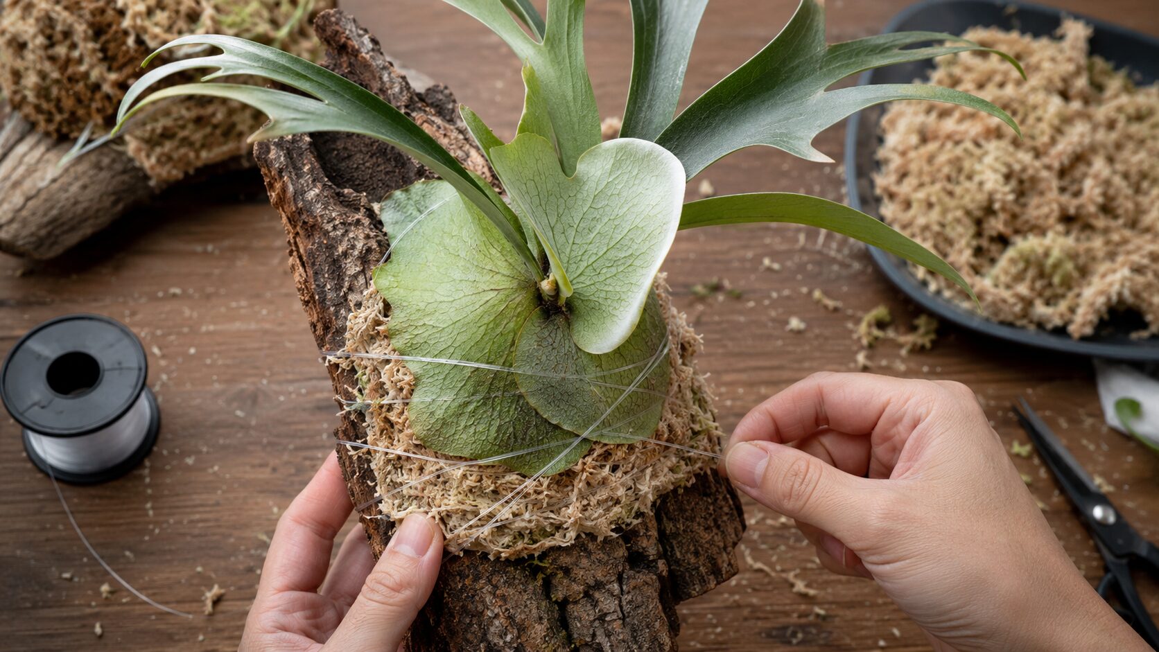 ビカクシダリドレイを板付けするために、水苔を薄く使って固定している作業風景の写真