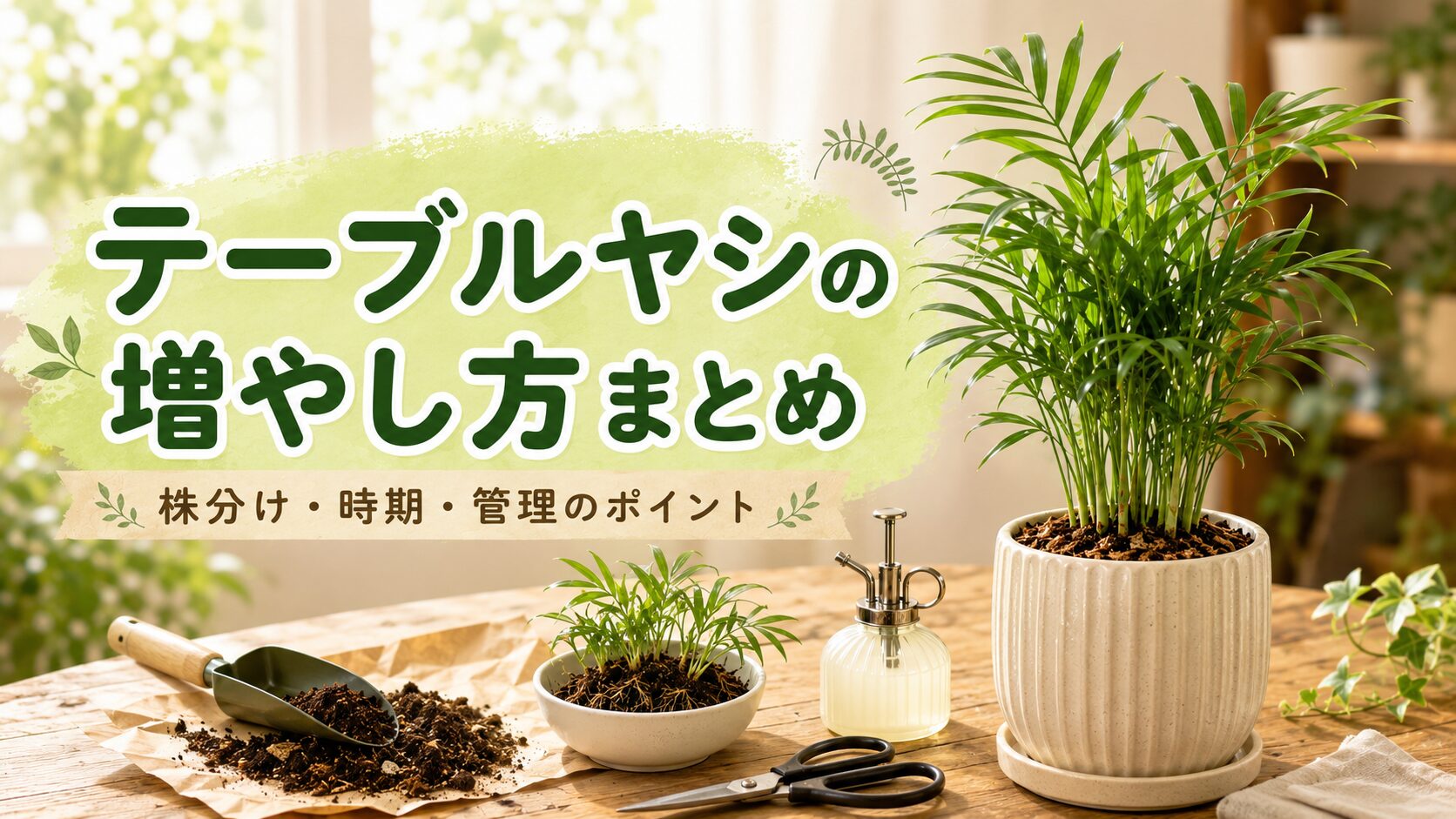 テーブルヤシの鉢植えと株分け用の園芸道具を背景に、テーブルヤシの増やし方まとめと株分け・時期・管理のポイントを大きく示した画像。