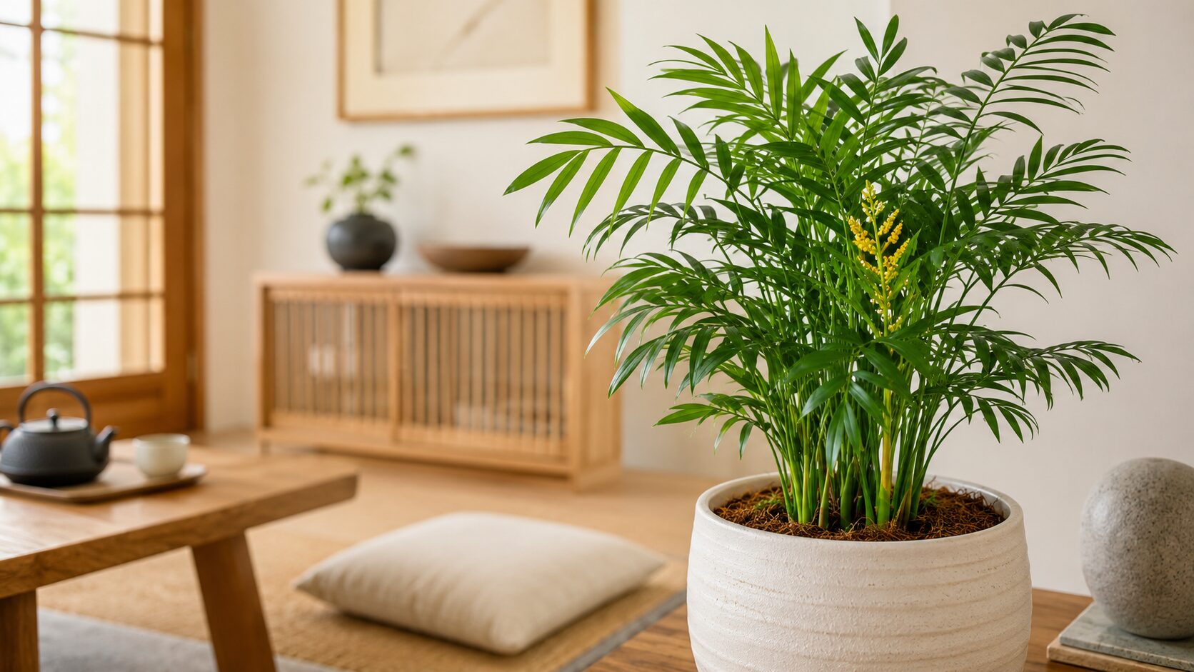 室内の鉢植えテーブルヤシに黄色い珍しい花が咲き、明るいリビングで葉姿と花の基本をイメージできる画像