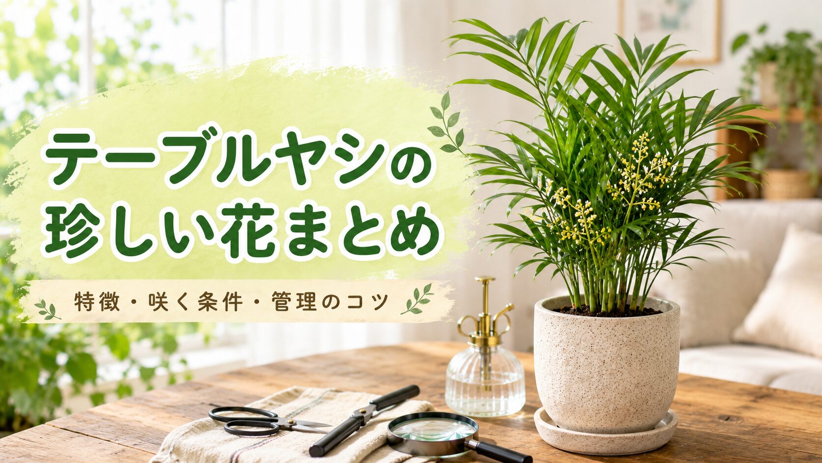テーブルヤシの珍しい花まとめとして、黄色い花をつけたテーブルヤシと開花時期・特徴・管理のコツを分かりやすく示した画像