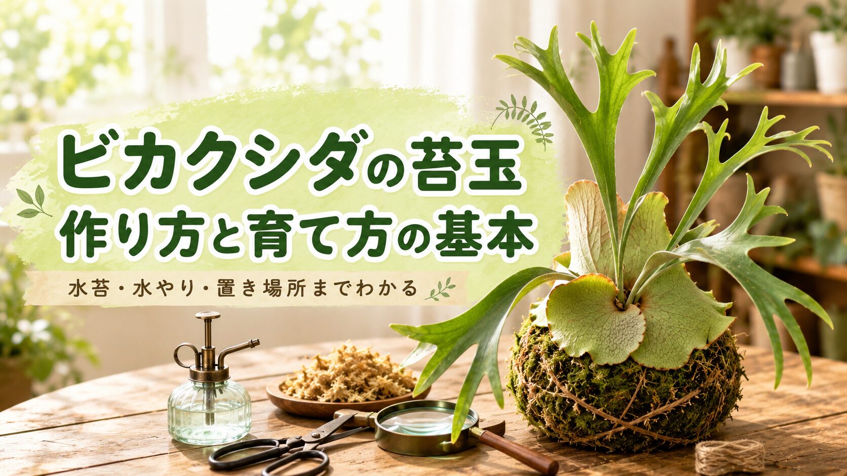 ビカクシダの苔玉と水苔、霧吹き、ハサミ、ルーペを並べた明るい室内のアイキャッチ画像。作り方と育て方の基本がひと目で伝わるデザイン


ビカクシダの苔玉と水苔、霧吹き、ハサミ、ルーペを並べた明るい室内のアイキャッチ画像。作り方と育て方の基本がひと目で伝わるデザイン