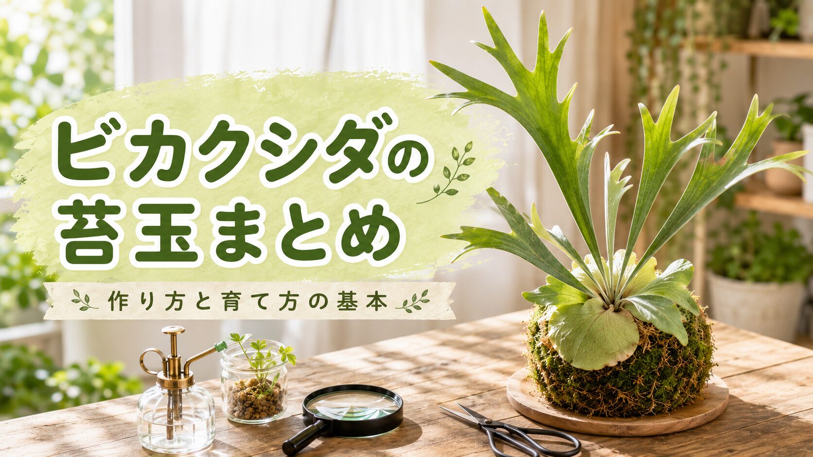 ビカクシダの苔玉と園芸道具を並べた明るい室内のまとめ画像。作り方と育て方の基本をイメージできる画像