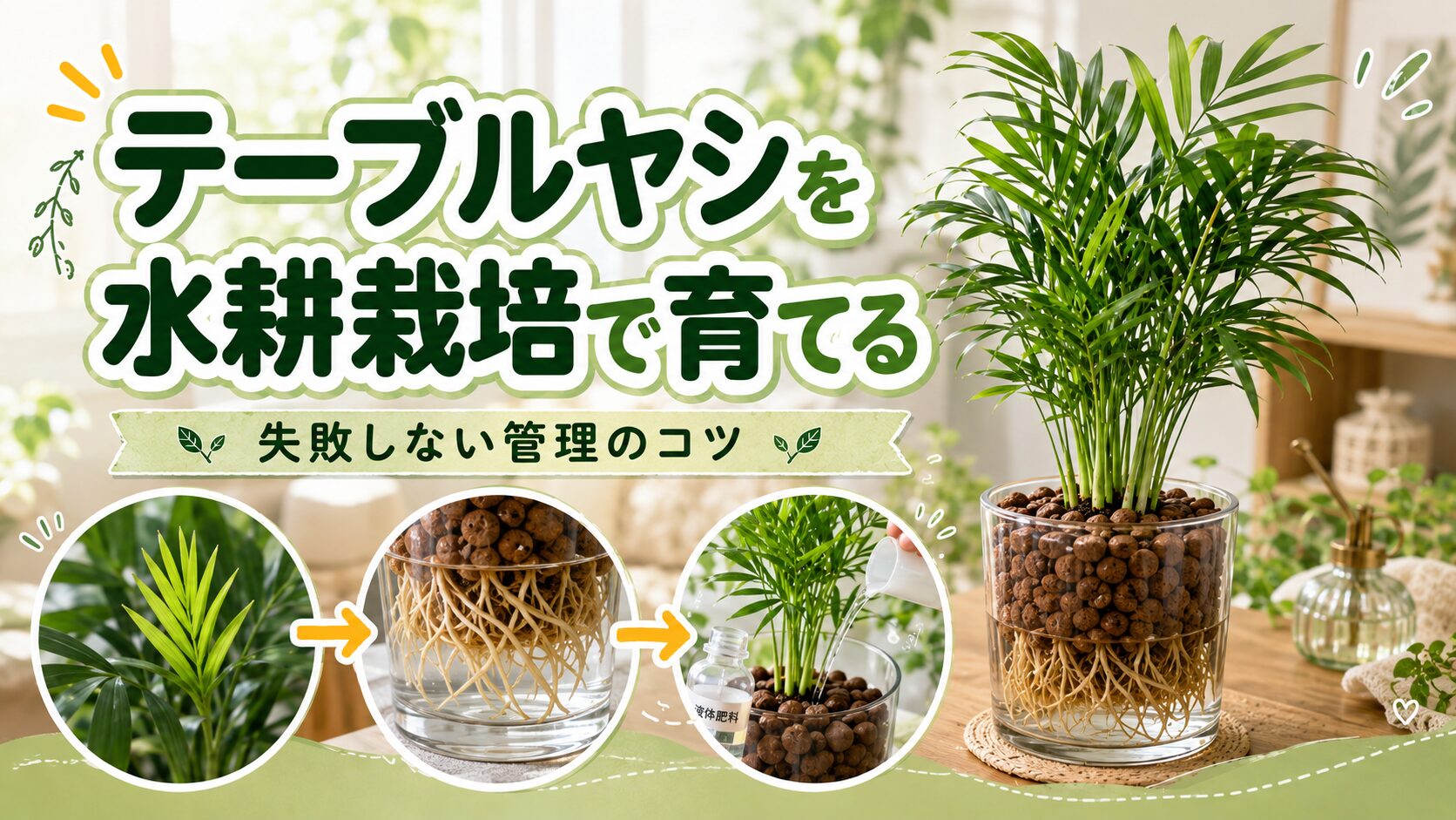 テーブルヤシの水耕栽培の育て方を紹介するアイキャッチ画像。透明容器にハイドロボールと根を見せたテーブルヤシを配置し、水耕栽培で育てるコツを表現している