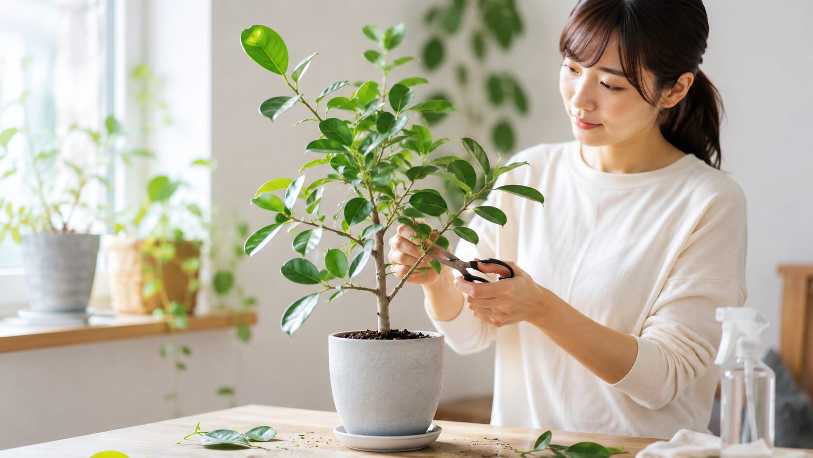 日本人女性がフィカス・ベンガレンシスを剪定しながら枝折れや葉落ち後の回復ケアをしている様子