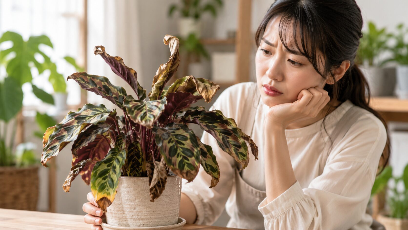 葉先が茶色く傷んだカラテアを前に、日本人女性が育て方のトラブルに悩んでいる様子を写した画像。室内でカラテアの不調原因を確認している場面。