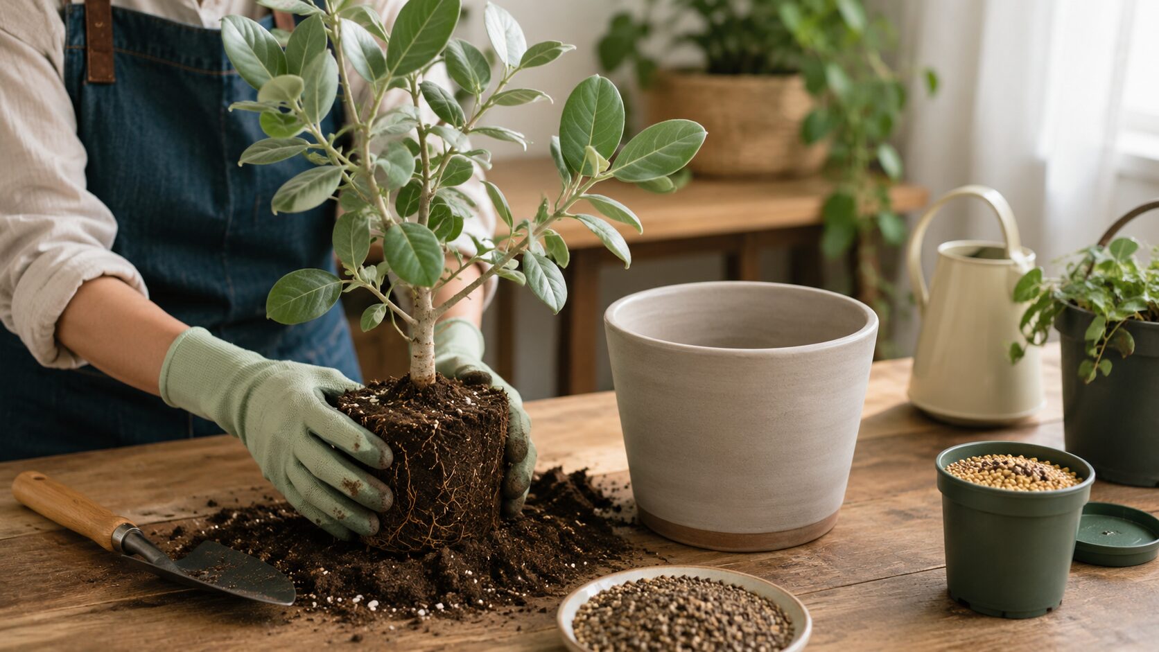 ベンガレンシスを植え替えしながら土や肥料を準備している様子を写した、植え替え時期の目安になる写真