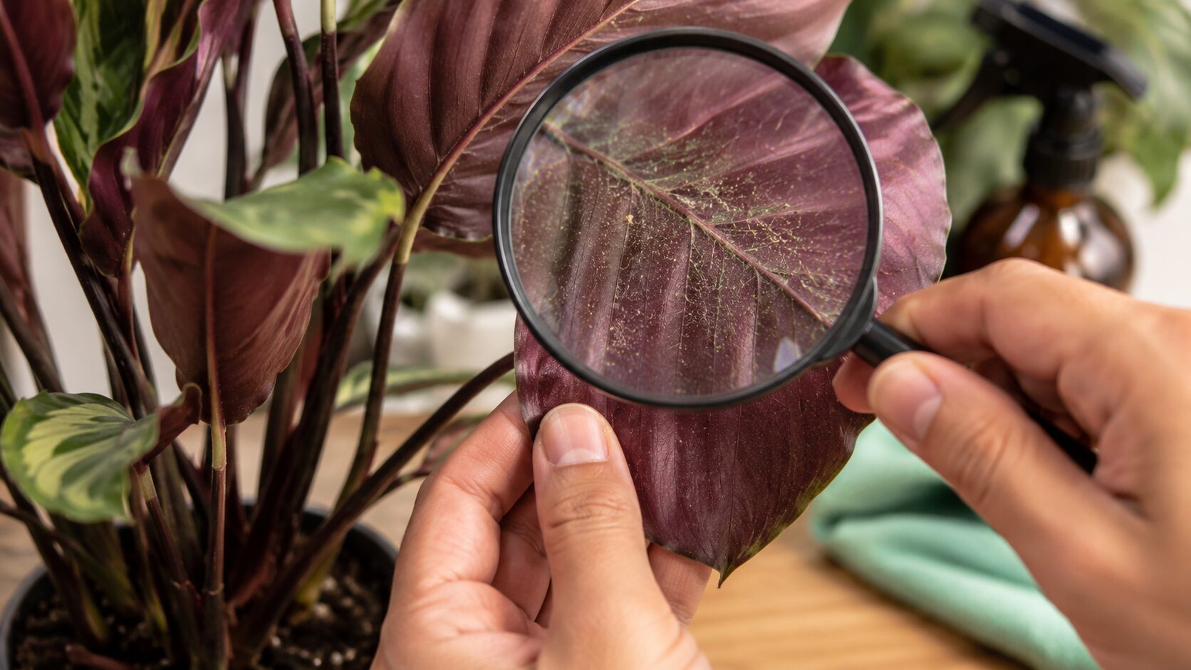 カラテアの葉裏を虫眼鏡で拡大し、ハダニや害虫の有無を確認している画像。葉の縮れや傷みの原因チェックを表現