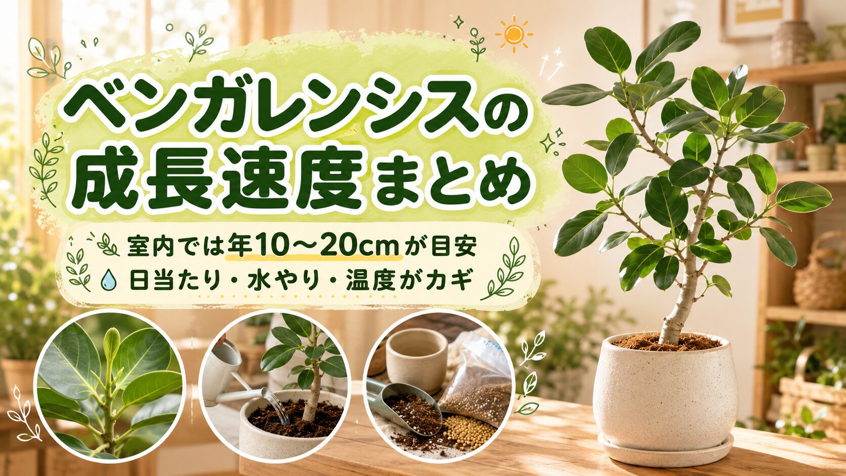 ベンガレンシスの成長速度のまとめを紹介する画像。明るい室内で育つベンガレンシスと、新芽・水やり・用土の写真を添えながら、室内では年10〜20cmが目安で、日当たり・水やり・温度が成長のカギになることを分かりやすく示している。