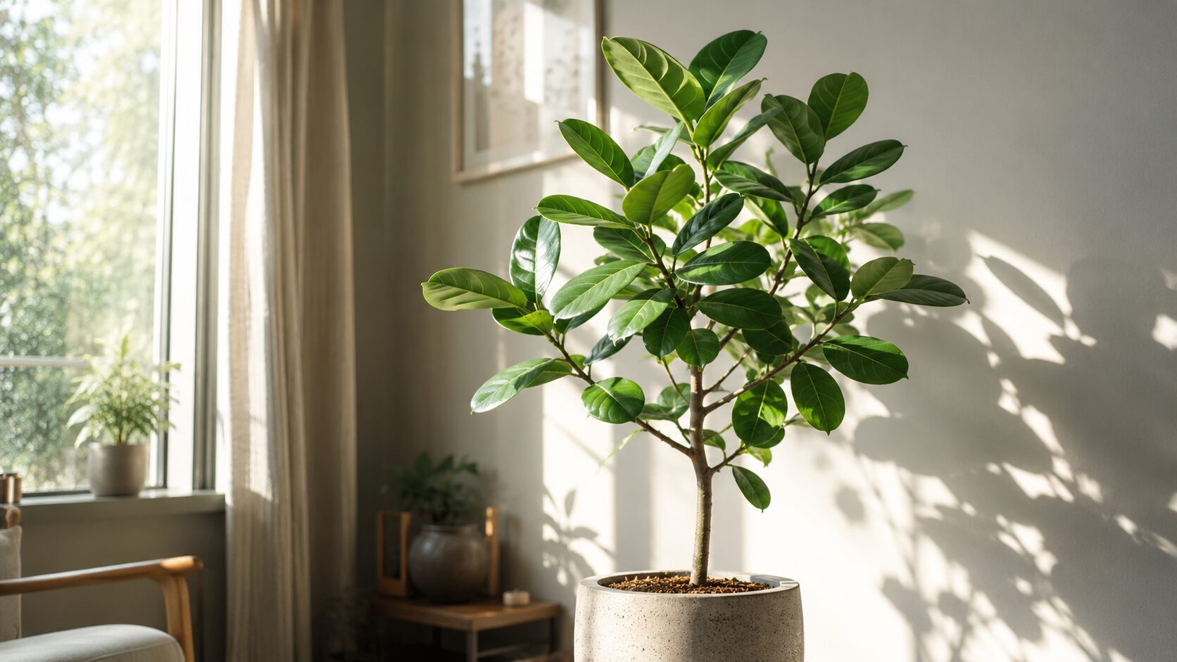 明るい窓辺で光を受けて育つベンガレンシスの鉢植えを写した、日当たりと生育の関係が分かる写真